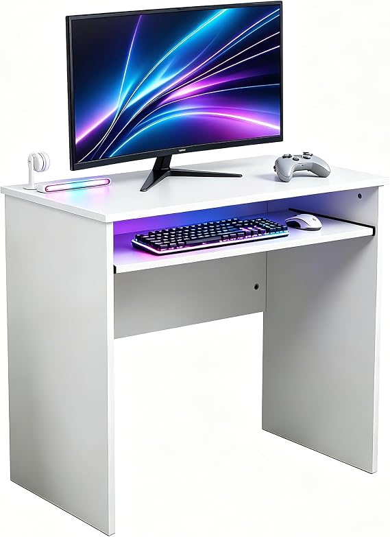White Compact Computer Desk Small Writing Desk for Bedroom Home Office, Space-Saving Study Table with Pull-Out Keyboard Tray,Modern Style for Small Spaces Dorm Apartment,80x48x74cm