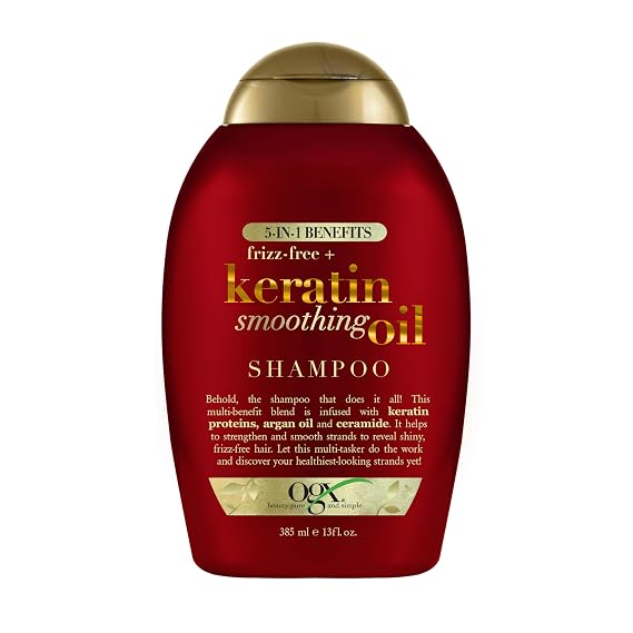 OGX Frizz-Free + Keratin Smoothing Oil Shampoo, 13 fl oz | 5 in 1, Frizzy Hair, Shiny Hair