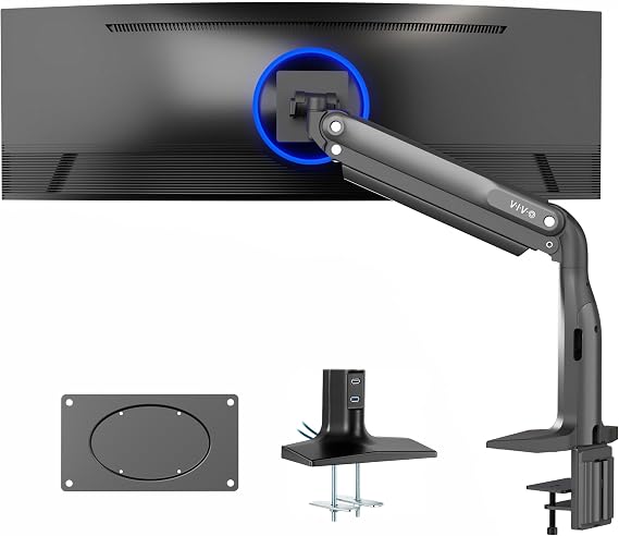 VIVO Aluminum Ultrawide Monitor Stand, Classic + USB, Fits up to 49 inch Screens, Single Articulating Pneumatic Arm, USB Ports, C-Clamp and Grommet Desk Mount, Max VESA 200x100, Black, STAND-V100HU