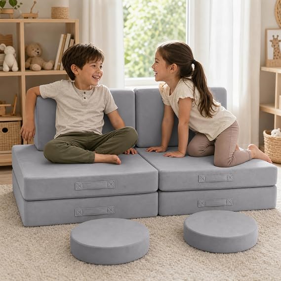 MeMoreCool Kids Couch, Light Grey Modular Foam Play Couch, Ages 3+