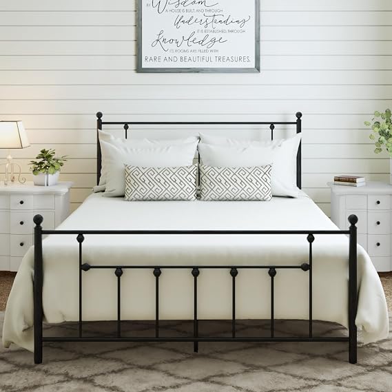 Golden Gate Beds Victorian Style Metal Platform Bed Frame with Antique Wrought Iron-Art Headboard and Footboard, Classic Cama Steel Mattress Foundation, No Box Spring Needed, King Size, Black Finish