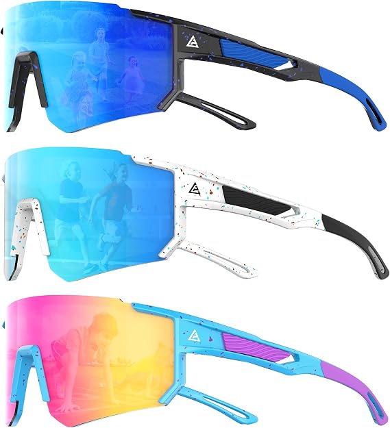3PACK Kids Sunglasses Youth Baseball Sunglasses for Boys Girls Age 4-14, Softball Cycling UV400 Protection Sports