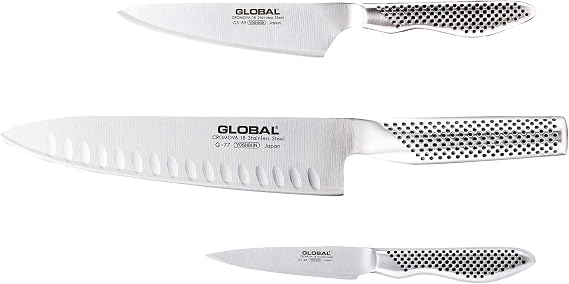 Global G-773889 Knife Set 3-Piece Consisting of G-77 Chef's Knife 20 cm GS-38 Cleaning Knife 10 cm and GS-89 Utility Knife 13 cm