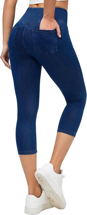 Ewedoos Jeggings for Women Pull On Capri Leggings with Pockets for Women Stretchy Capri Jeans Denim Capris Pants Casual