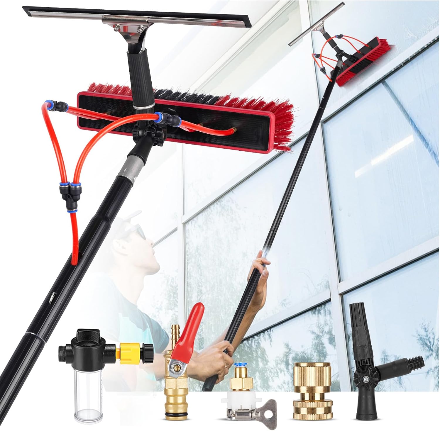 Window Cleaning Brush, 3 Meters Pole Washing Kit, with Water-fed Brush,Soap Dispenser & 20m Hose,Water Fed Window Cleaning Pole Aluminium, Cleaner for Solar Panels, 35cm Brush