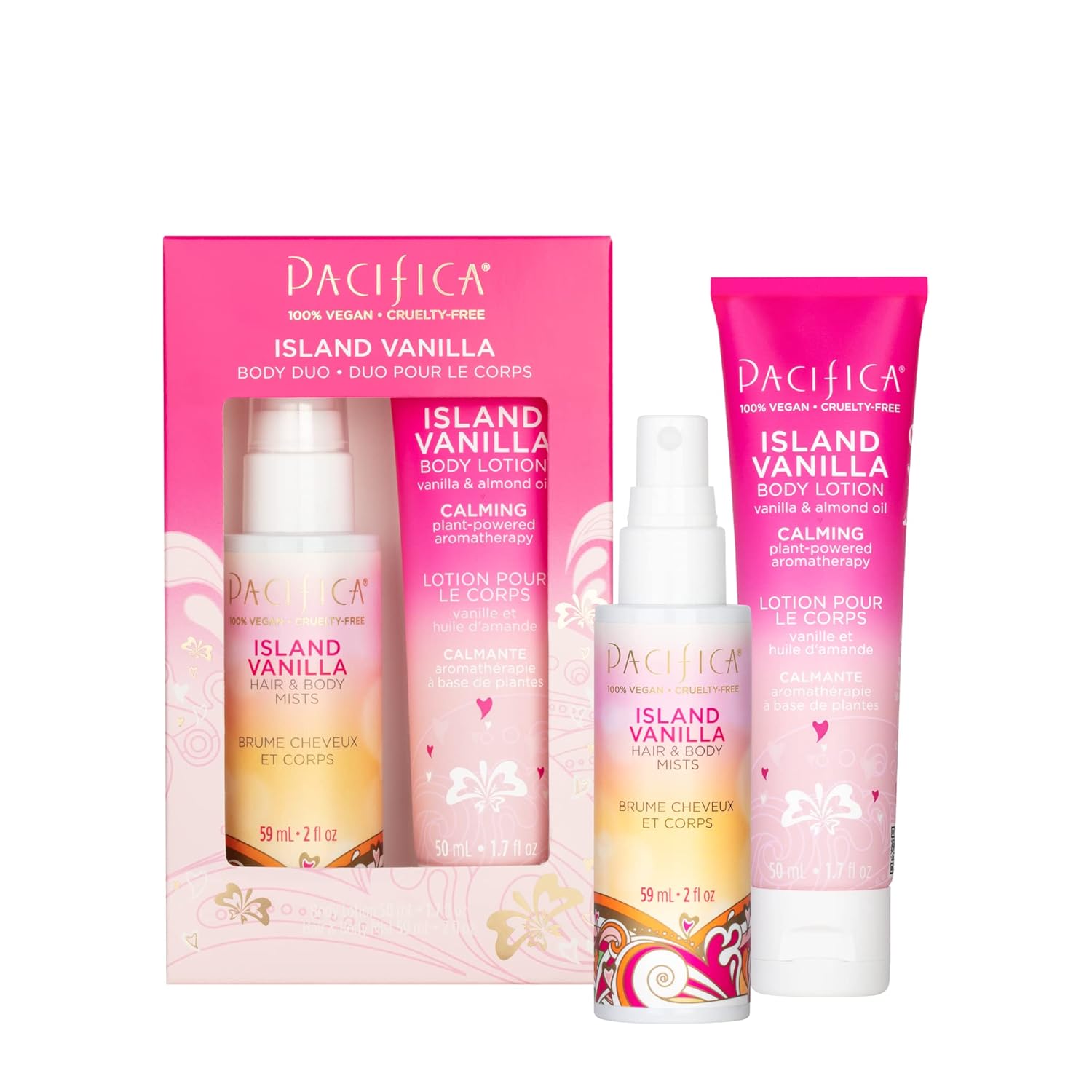 Pacifica Beauty Island Vanilla Body Lotion and Hair and Body Mist Set, Travel Set, Body Care, Fragrance, Gift Set, Vitamin E, Hydrating, Moisturizing, Gourmand, Vegan, 1.7 fl oz and 2 fl oz Set of 2