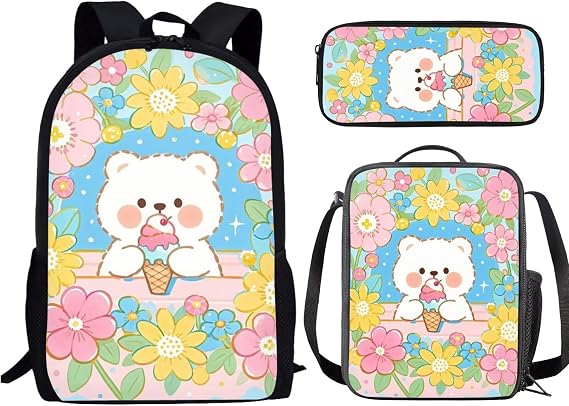 Forchrinse Bear Backpack with Lunch Box Cute School Backpacks for Girls 8-7 10-12 and Lunchbox 17 Inch Large Capacity Primary School Bag Lunch Bag Pencil Case, 3-in-1