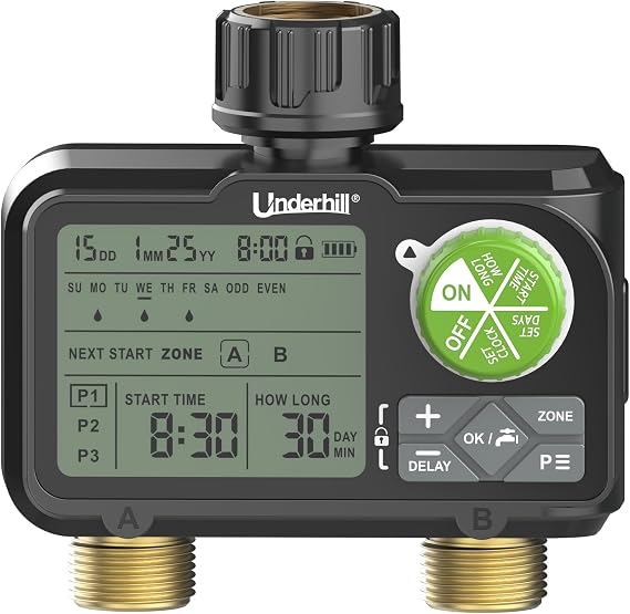 Underhill AquaVision Digital Hose Timer, Dual Zone Automatic Garden Water Timer with LCD Display, Programmable Irrigation Controller for Sprinklers, Drip Systems & Garden Hose Faucets