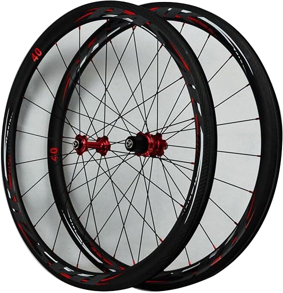 700c Carbon Fiber Off Road Bike Road Wheels,20/24 Holes Circular Spoke V/C Brake Front 2 Rear 4 Bearings 7/8/9/10/11 Speed Wheelset (Color : Red, Size : 50mm)