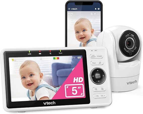 VTech Smart WiFi Baby Monitor See Your Baby at Home or from Anywhere, Free App, 1080p Camera, 5" Screen, Pan-Tilt-Zoom, Night Vision, Two-Way Talk | VM901