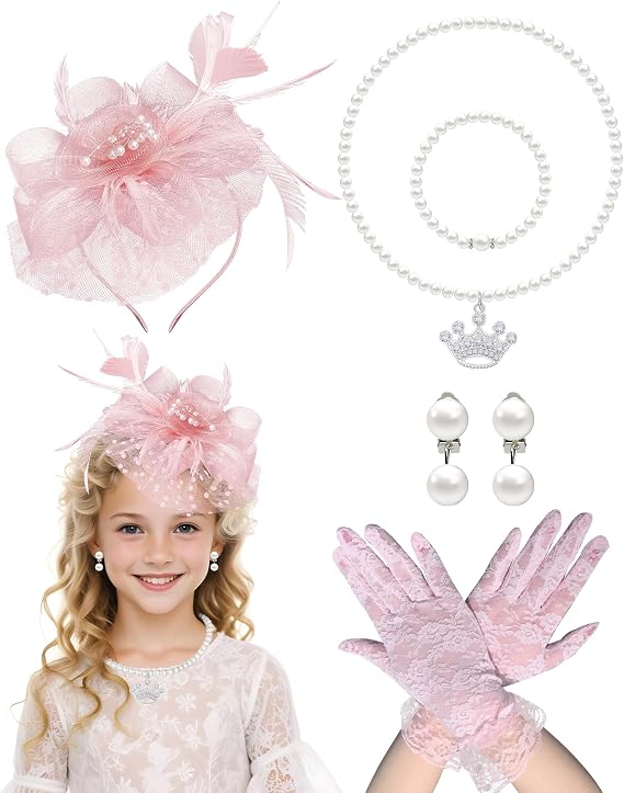 5Pcs Girls Tea Party Fascinators Hats Tea Party Headband and Lace Glove Set for Girls 1920s Party