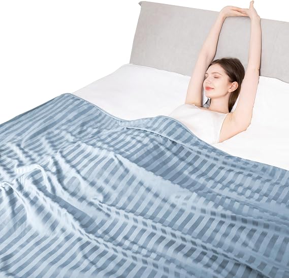 Elegear 200x220cm Cooling Blanket for Night Sweats, Q-Max>0.5 Arc-Chill 3.0 Cool Fiber Throw for Hot Sleepers Adult Bed Sofa, Breathable Lightweight Summer Blanket, Double/King Size, Light Blue Stripe