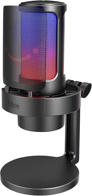 FIFINE USB Mikrofonu, AmpliGame Oyun Bilgisayarı Masaüstü Kondansatör, RGB Mikrofon, Mac/Bilgisayar/PS4/PS5'te YouTube, Sessiz Düğmeli, Mikrofon Kazancı, Pop Filtresi, Şok Montajı, Kulaklık Jakı-A8