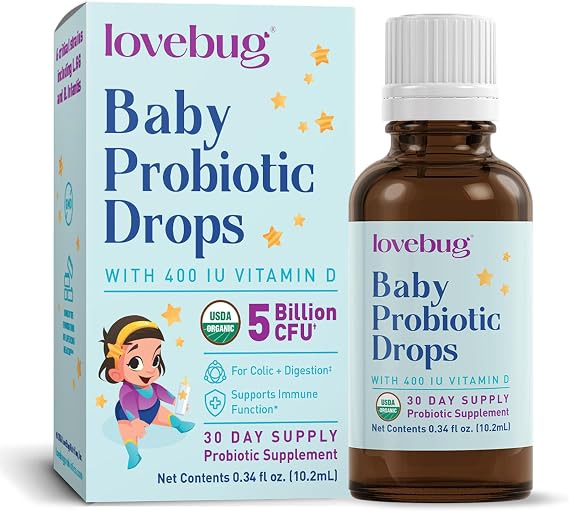 LOVEBUG Baby Probiotic Drops - Organic Probiotics for Immune Support and Baby Constipation & Colic Relief - Tasteless & Sugar-Free Liquid Drops for Newborns, Babies & Infants (0-12 Months) - 10ml