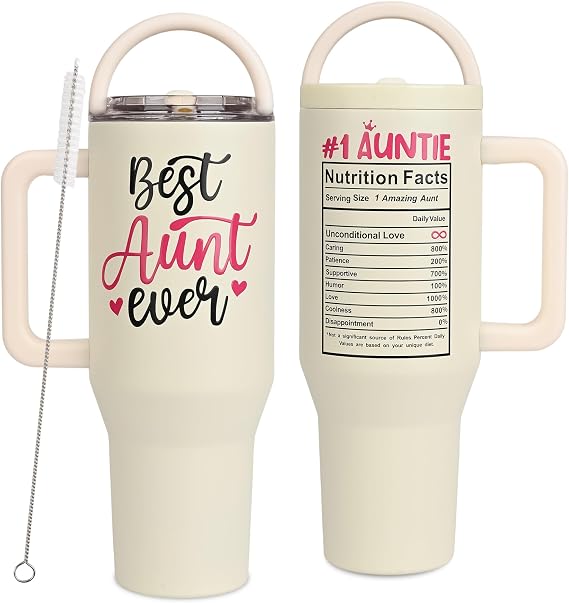 Christmas Gift for Aunt - 40 oz Tumbler with Handles & Straw Lid, Insulated Travel Coffee Mug, Leak Proof Tumbler, Best Aunt Ever Stainless Steel Cup with Cleaner Birthday Gifts for Women