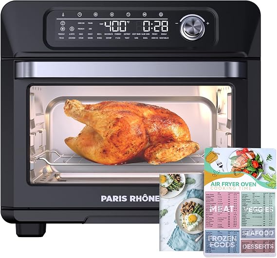 Air Fryer Toaster Oven Combo, Paris Rhone 24-in-1 Countertop Convection Ovens, 26QT Large Rotisserie Cooker with Led Digital Touchscreen, Sensitive Knob, Basket, Rack Tray, Cookbook and Magnet Menu