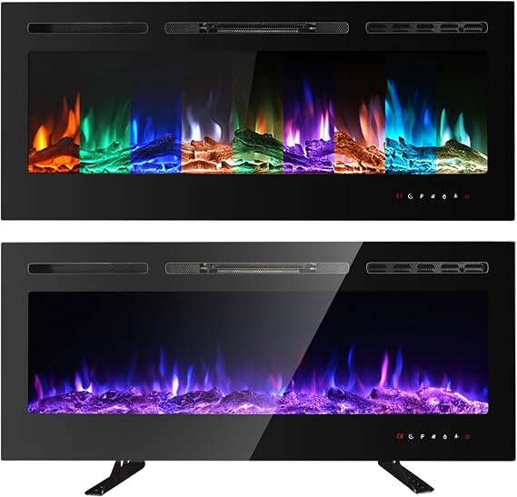 M.C.Haus Electric Fireplace Touch Screen Glass Panel Colorful Flame Insert Wall Mounted Heater Remote Control with Crystal&Log Set,900/1800W(102CM, Black)
