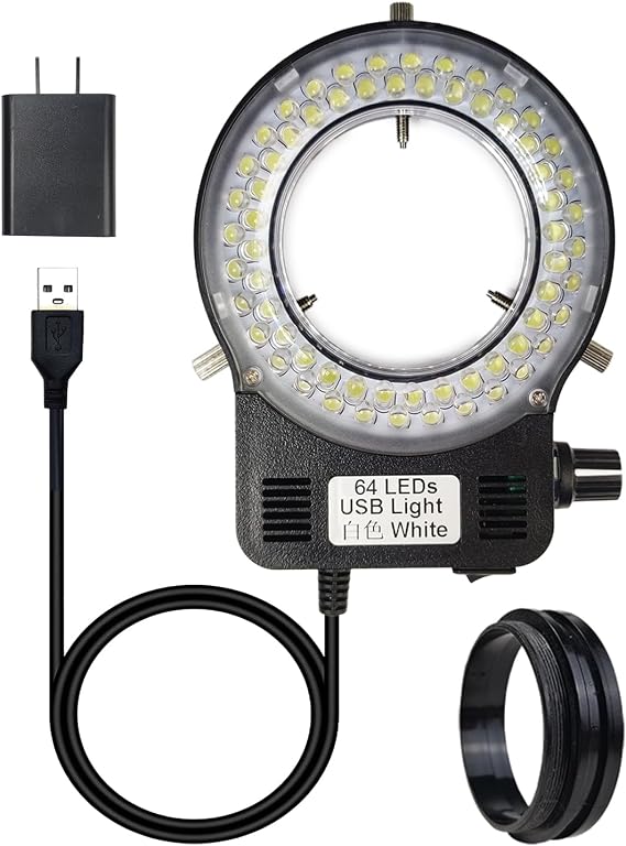 Light Microscope LED Ring Illuminator, Adjustable USB 64 LEDs Ring Light for Industry Monocular Binocular Trinocular Lab Stereo Microscope & Camera