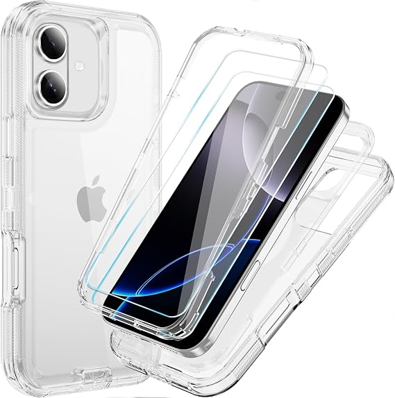 Compatible with iPhone 16 Case with HD Screen Protector, Heavy Duty Shockproof [3 in 1] Clear Phone Cases for iPhone 16 6.1" (Clear)
