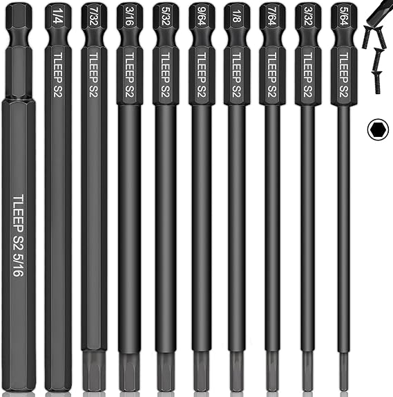 10 x Long 100MM 1/4 Inch Hex Head Allen Wrench Drill Bits, 5/16 to 5/64, SAE, Magnetic Tips Screwdriver Socket Bit Set for Ikea Type Furniture (S2 Steel 5/16 inch to 5/64 inch)