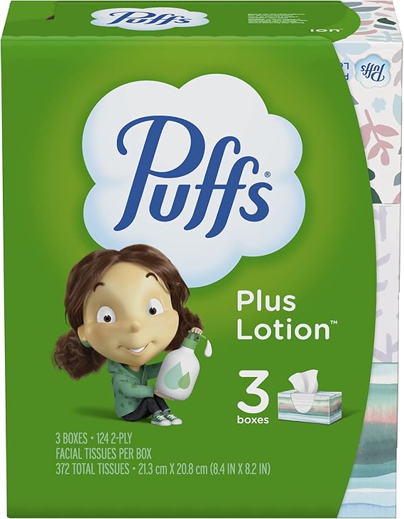 Puffs Plus Lotion Facial Tissue, 2-Ply, White, 124/Box, 3 Box/Pack