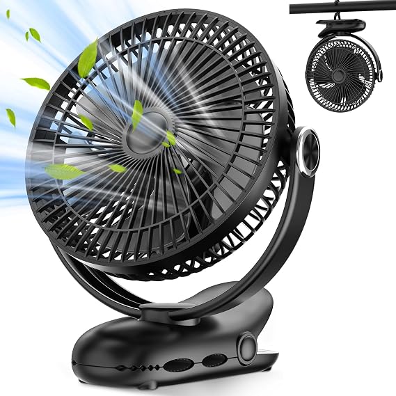 Portable 10000mAh Clip on Fan Battery Operated, 720Adjustable Stroller Fan with 4 Speeds Wind, 9 Inch Quiet USB Desk Rechargeable Fan, Personal Cooling for Bedroom Office Outdoor Golf Cart