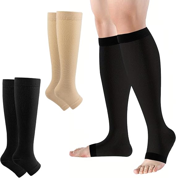 2 Pairs Compression Socks for Women & Men, 20-30 mmHg Open Toe Medical Graduated Compression Stockings Knee High Toeless Support Stockings for Varicose Veins Travel Sports Pregnancy Work