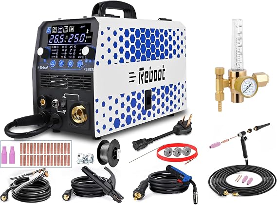 RBM2500 MIG Welder 250Amp 6 in 1 Gas/Gasless Flux Core MIG/Stick/Lift TIG (Include TIG Torch)/Spot welding/Spool Gun 120V/240V Aluminum Welding Machine with CO2 Gas Regulator