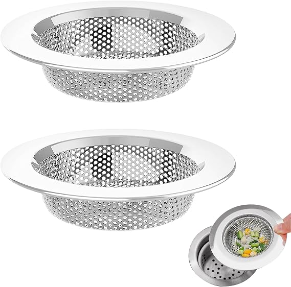 2 Pack Kitchen Sink Strainer Plug, Stainless Steel Standard Strainer Drain Protector, Bathtub/Shower Drain Cover, Hair/Food Catcher, Sink Stopper Drain Filter for Kitchen, Bathroom, 11.5cm