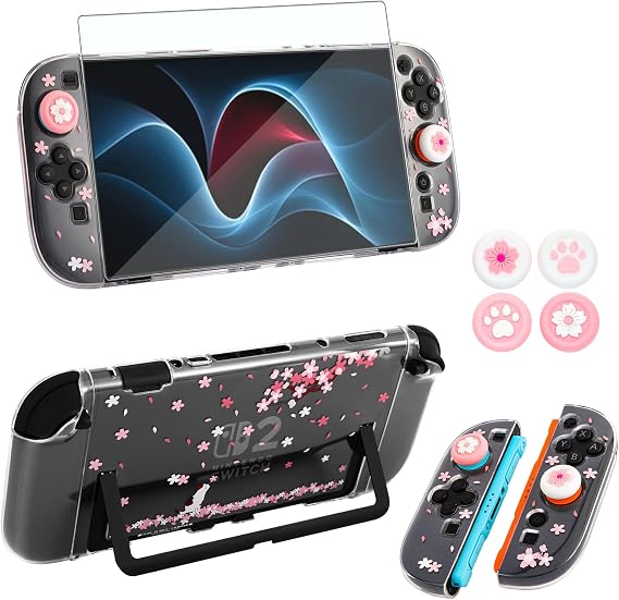 OLDZHU Hülle kompatibel mit Nintendo Switch 2 (2025) mit Displayschutz Aus Gehärtetem Glas und 4 DaumenkappenRosa Dockable SchutzhülleSchockabsorption und Geteilte Konstruktion