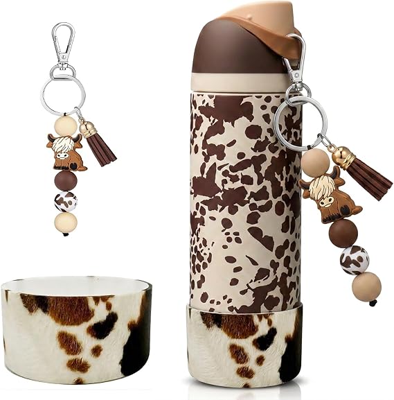 Cow Print for Owala Charm & Silicone Boot Compatible with Owala 20/24/30/32/40oz Water Bottles, Highland Cow Accessories Set for Owala FreeSip, Cowgirl Core Cow Print Bottle Boot Protector and Pendant