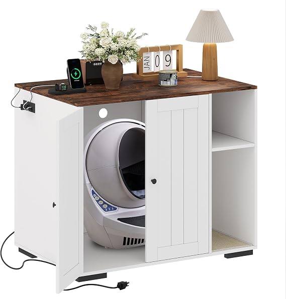 Large Robot 4 Litter Box Enclosure Cabinet with Built-in Power Outlet | Automatic SelfCleaning Litterboxes Furniture, DogProof Shelf, Robot Cabinet for Litter Box White