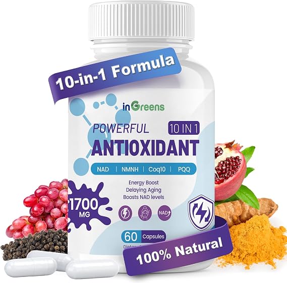 inGreens 10-in-1 Antioxidants Supplement, 1700MG Super Antioxidant for Women and Men, Powerful Antioxidants with NAD, NMNH,Coq10, Resveratrol, Cell Repair & Reducing Free Radical Damage, 60 Capsules