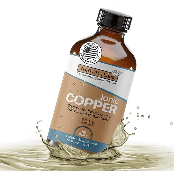 Ionic Copper Drops 30 PPM Premium Bioavailable Liquid Copper Supplement for General Wellness & Trace Mineral Support Amber Glass Bottle with Dropper 16 fl oz