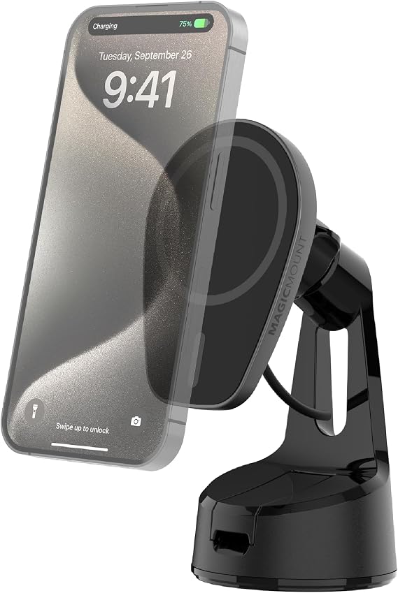 Scosche MPQMWD Charge Pro Qi2 MagSafe Charger Car Mount, 15W Fast Magnetic Wireless Charging Suction Cup Phone Holder for Dashboard/Windshield Compatible with iPhone 16/15/14/13/12 Pro Max Plus, S25