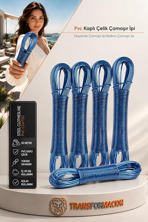 Transformacion 50 Metre Çelik Çamaşır İpi, PVC Kaplı Paslanmaz Balkon Teli, Esnemez Dayanıklı İp 718621