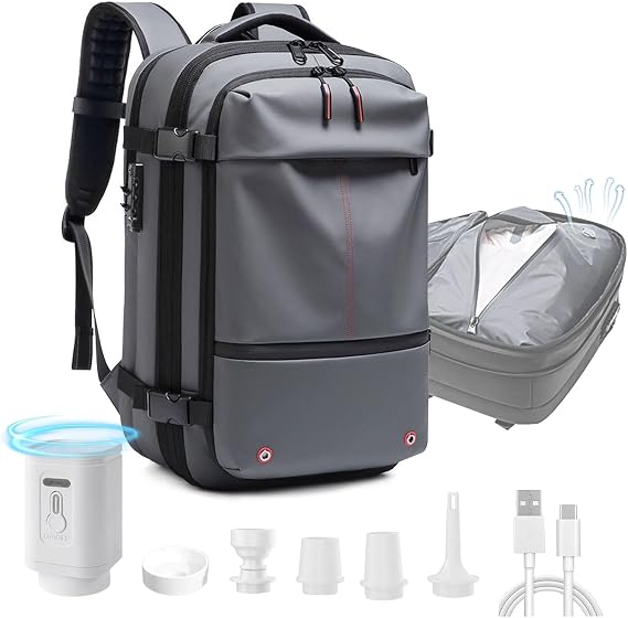 Vacuum Backpack for Travel, 60L Expandable Vacuum Compression Bag with Electric Vacuum Pump, Water Resistant and Anti Theft, Space Saver Bags for Travel Camping (Grey)