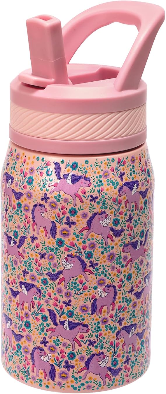 Mayim Mini Sipper Kids Water Bottle, 15 oz Vacuum Insulated Stainless Steel with Flip-Up Straw Lid, BPA Free Leakproof Dishwasher Safe Water Bottle, Cold 24 Hrs (Bllush Pegasus)