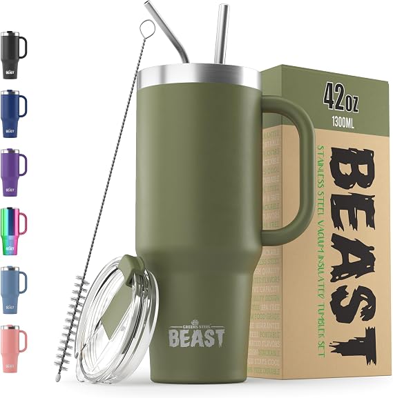 Beast Tumbler with Handle - 1300 ml (42 oz), Army Green | Reusable Stainless Steel, Vacuum Insulated Cup | with + 2 Straws & Cleaning Brush | Double Wall Travel Flask Perfect for Hot or Iced Coffee