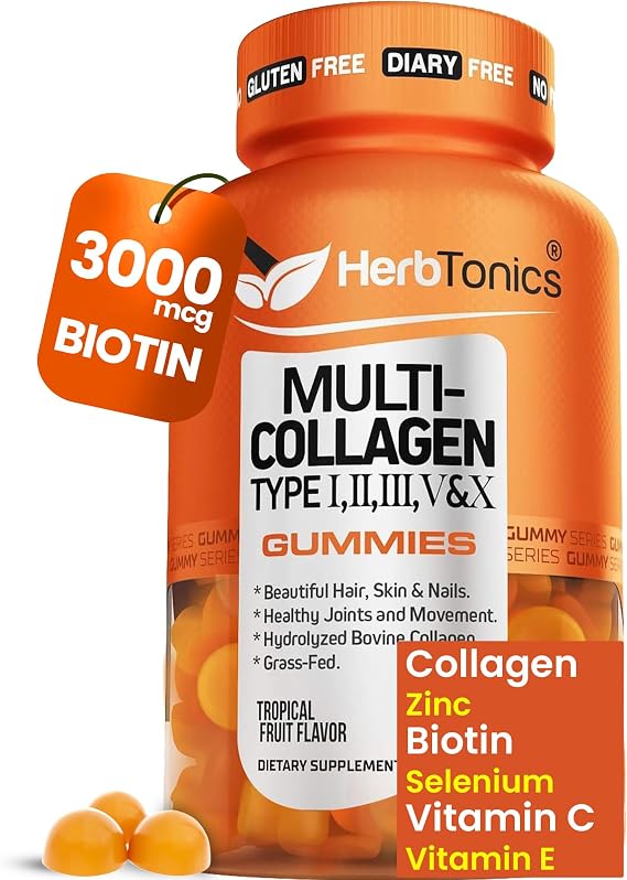 Herbtonics Multi Collagen Gummies with Biotin & Vitamin C, Hydrolyzed Collagen Peptides Types I, II, III, V, X for Hair, Skin, Nails, Bone Support - New & Improved Tropical Flavor, 60 Gummies