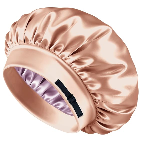 BONNET QUEEN Reversible Satin Bonnet for Sleeping Women, Adjustable Double Layer Silk Sleep Cap, Soft Night Hair Bonnet for Curly Hair Protection, Champagne & Gray Rose Gold