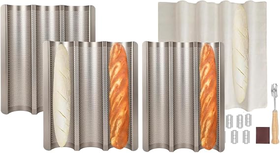 3Pcs Baguette Bread Pan, Perforated Baguette Tray Kit with Proofing Cloth Dough Couche and Cutter, Nonstick Easy Release, French Bread Baking Pan Kit for Home Baker