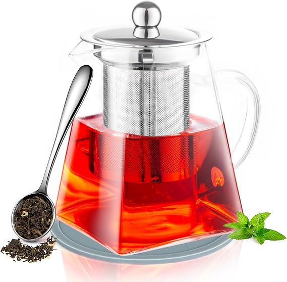 Teapot with Tea Scoop and Mat 550ml/18.6oz Square Shape Infuser Tea Pot Set, Handmade Glass Teapot with Infuser, Heat-Resistant Borosilicate Teapot with Strainer