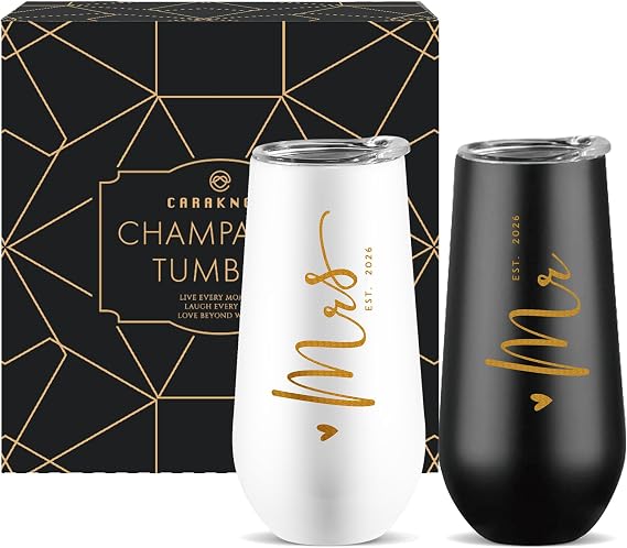 CARANOTS Wedding Gifts for Couples 2026, Mr and Mrs Champagne Flutes 10 oz | Bride and Groom Wedding Tumbler Set, Newly Engaged Gifts for Bridal Shower Engagement Anniversary, Stainless Black White Cups