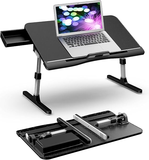 Laptop Bed Table, Laptop Desk Bed Tray with Storage Drawer, Height&Angle Adjustable, Portable Lap Folding Desk for Breakfast Reading Working on Bed Sofa, PU leather Surface, 60x34cm Black