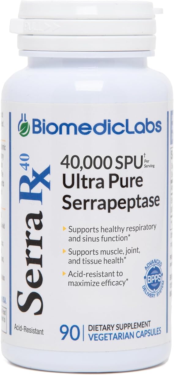 Serra-RX 40,000 SPU Serrapeptase - Acid-Resistant Proteolytic Systemic Enzyme, Non-GMO, Gluten Free, Vegan, 90 Veg Capsules
