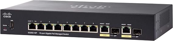 CISCO SG350-10P Managed Switch with 10 Gigabit Ethernet (GbE) Ports with 8 Gigabit Ethernet RJ45 Ports and 2 Gigabit Ethernet Combo SFP Plus 62W PoE, Limited Lifetime Protection (SG350-10P-K9-NA)