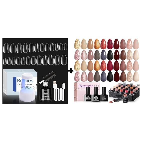 Beetles Gel Nail Kit Almond Short, 500Pcs Pre Shaped Clear Extra Short Almond Easy Nail Extension Set with 5 in 1 Multifunctional Nail Glue Base Uv Led Lamp, with Nail Polish Set - 20 Colors Warm Mis