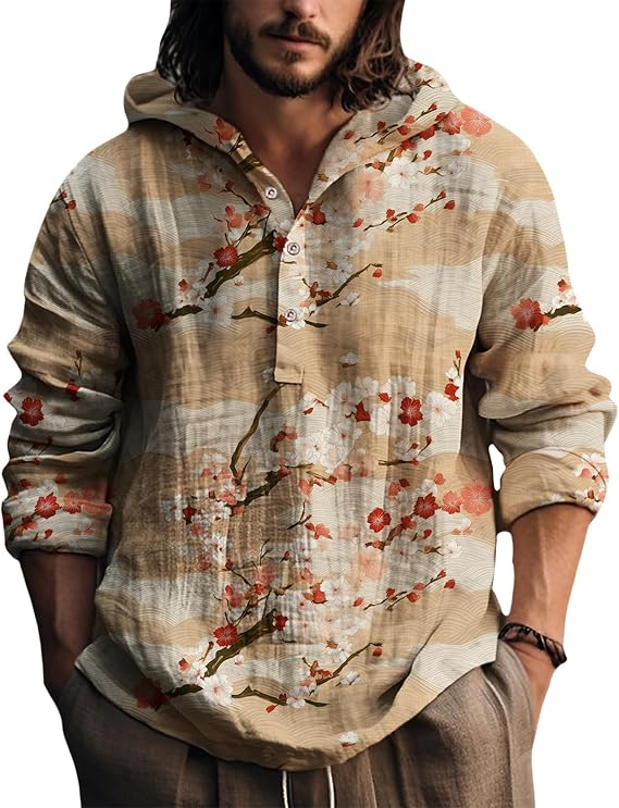 Vintage Hoodies for Men 3 Button Up Artistic Printed Patchwork Loose Fit Ethnic Autumn Pullover Hooded Shirts
