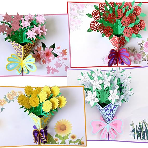 Flower Pop Up Cards 3D, Flower Greeting Card with Envelopes for All Occasions, Assorted 4 Flower Cards for Thanksgiving Birthday Christmas Valentine's Day Gift...